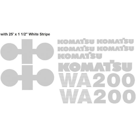 Aftermarket Komatsu Wheel Loader WA200 Decal Set w 25' x 1 12 White Stripe KOMWA200NSDECALSET
